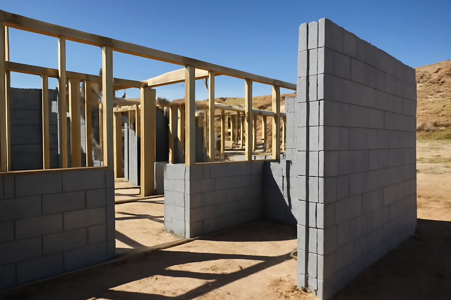 ICF block walls under construction on a Utah residential site with desert landscape behind