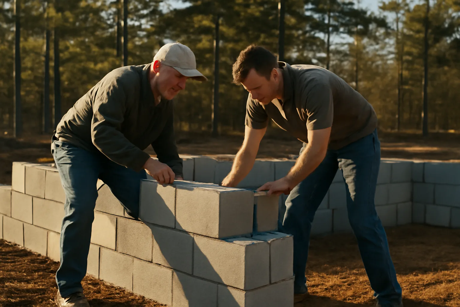 Workers setting ICF blocks on a wooded Arkansas house site