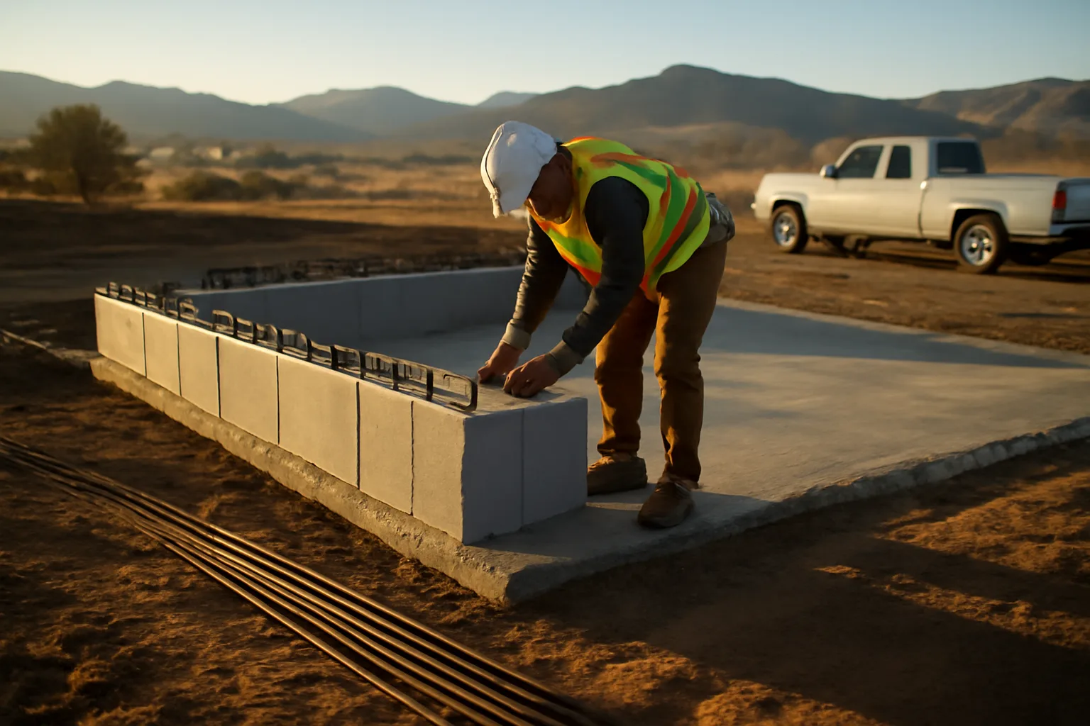 Worker aligning ICF blocks on a Colorado slab at sunrise