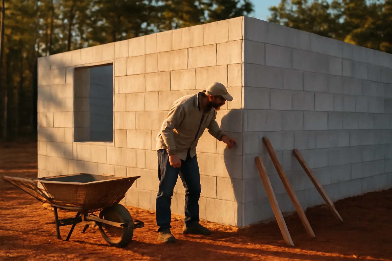 Foam ICF walls and braces at a rural Georgia house build
