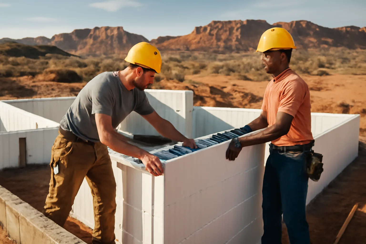 ICF contractor workers stacking insulated concrete forms on a Utah residential foundation