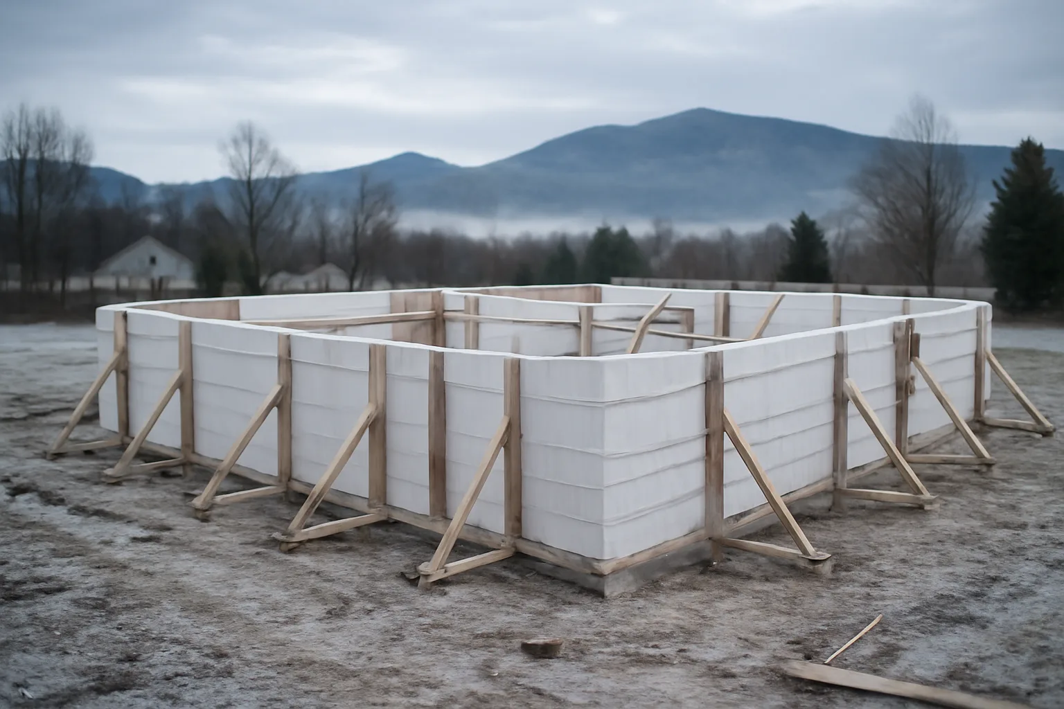 ICF wall forms braced on a Vermont residential foundation with mountains in the background