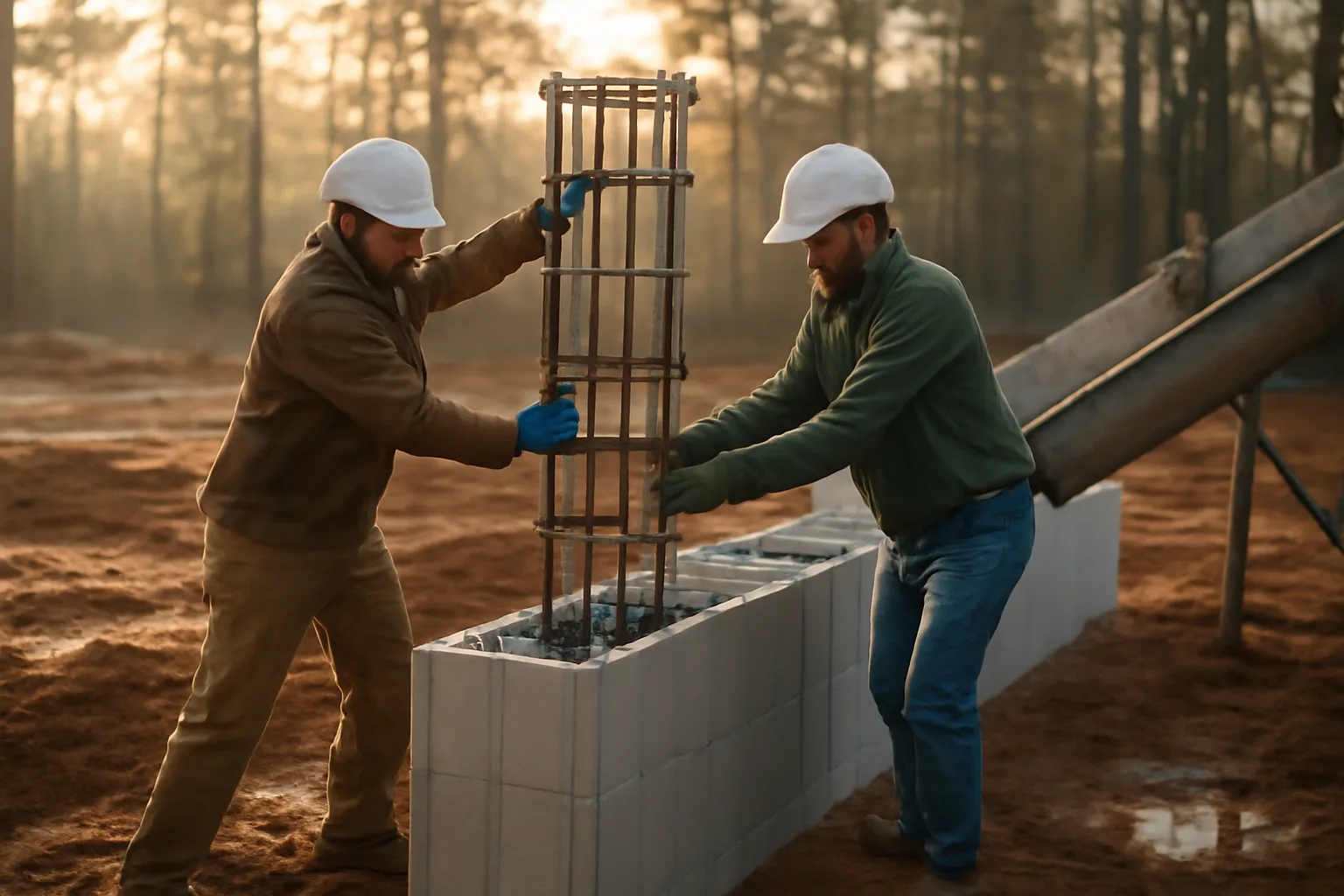Workers place rebar inside ICF wall forms on an Alabama site