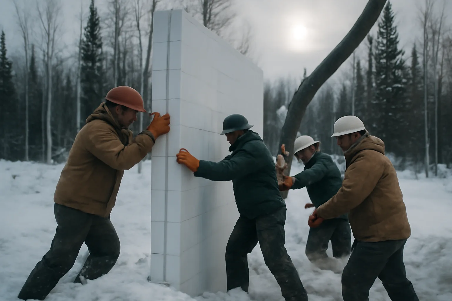Crew bracing an ICF wall on a snowy Alaska jobsite