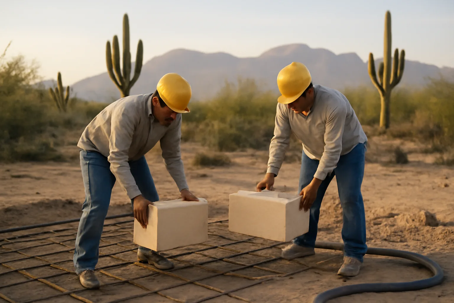 Workers setting insulated concrete form blocks on an Arizona lot