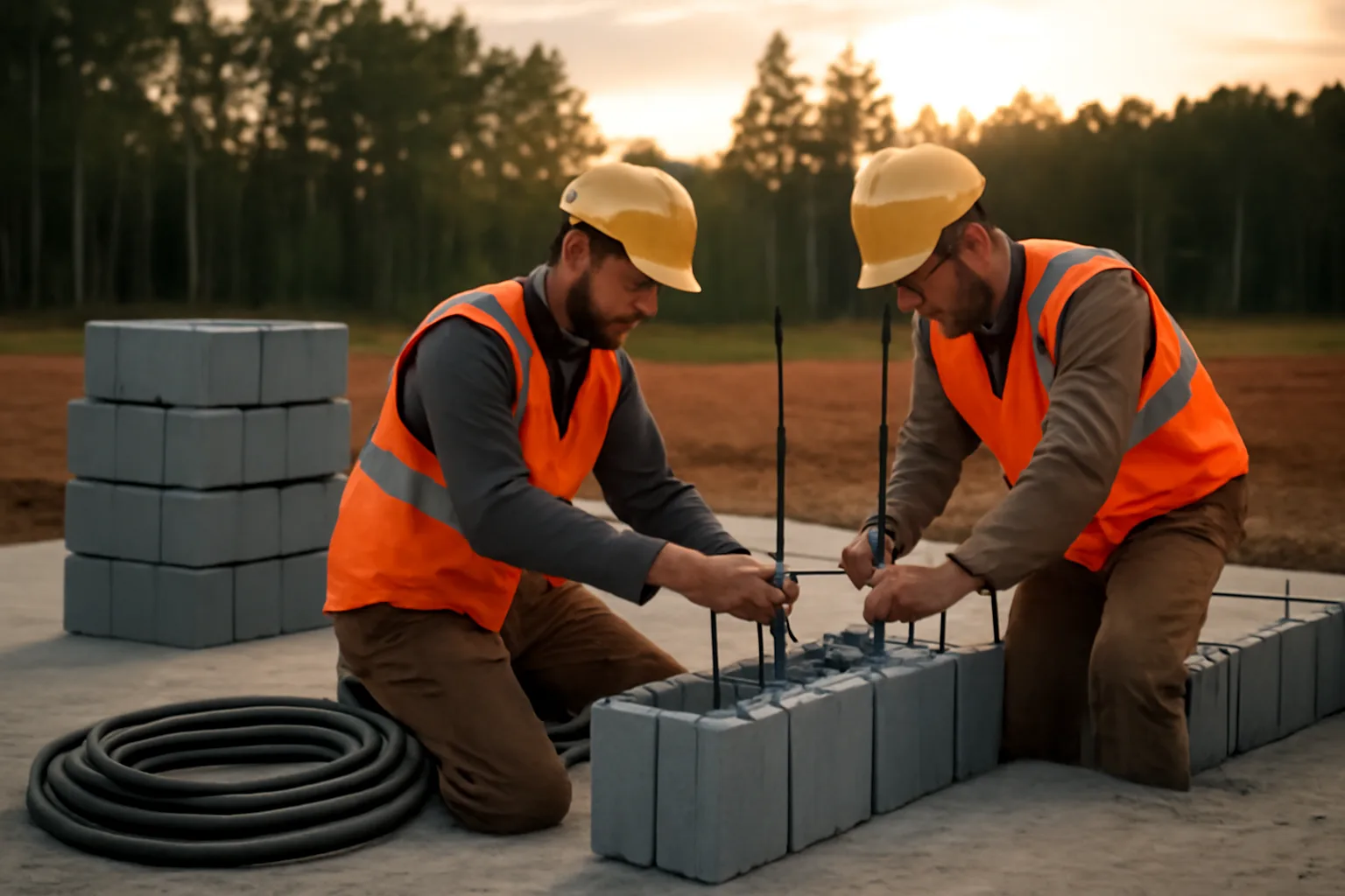 Carpenters setting rebar in ICF forms at an Arkansas build