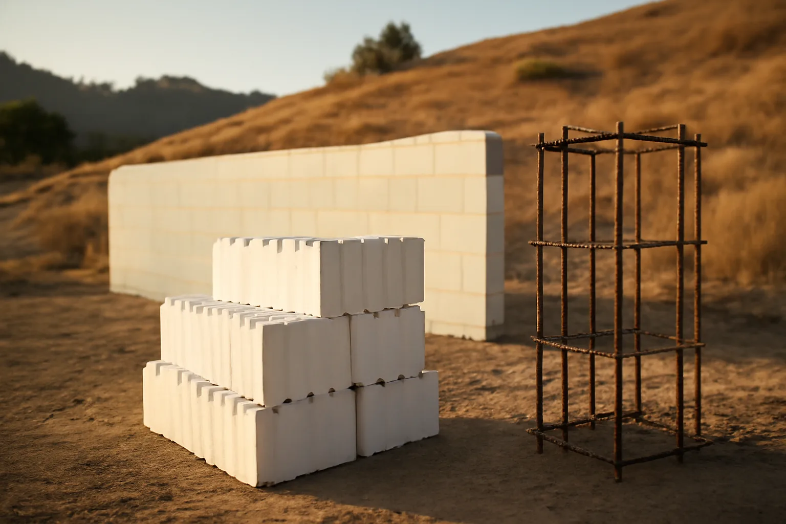 ICF form blocks and rebar on a California hillside jobsite