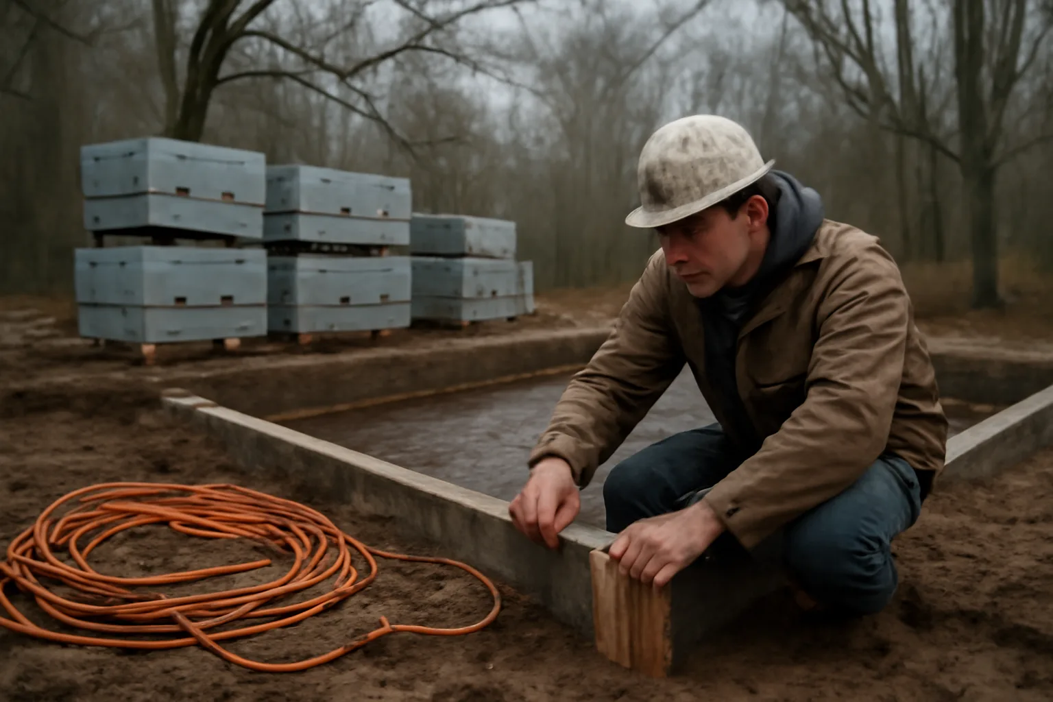 ICF blocks stacked beside a foundation trench on a Connecticut lot