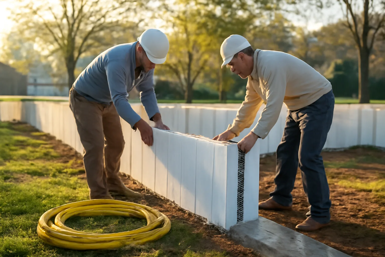 Crew aligning foam ICF blocks on a Delaware house foundation