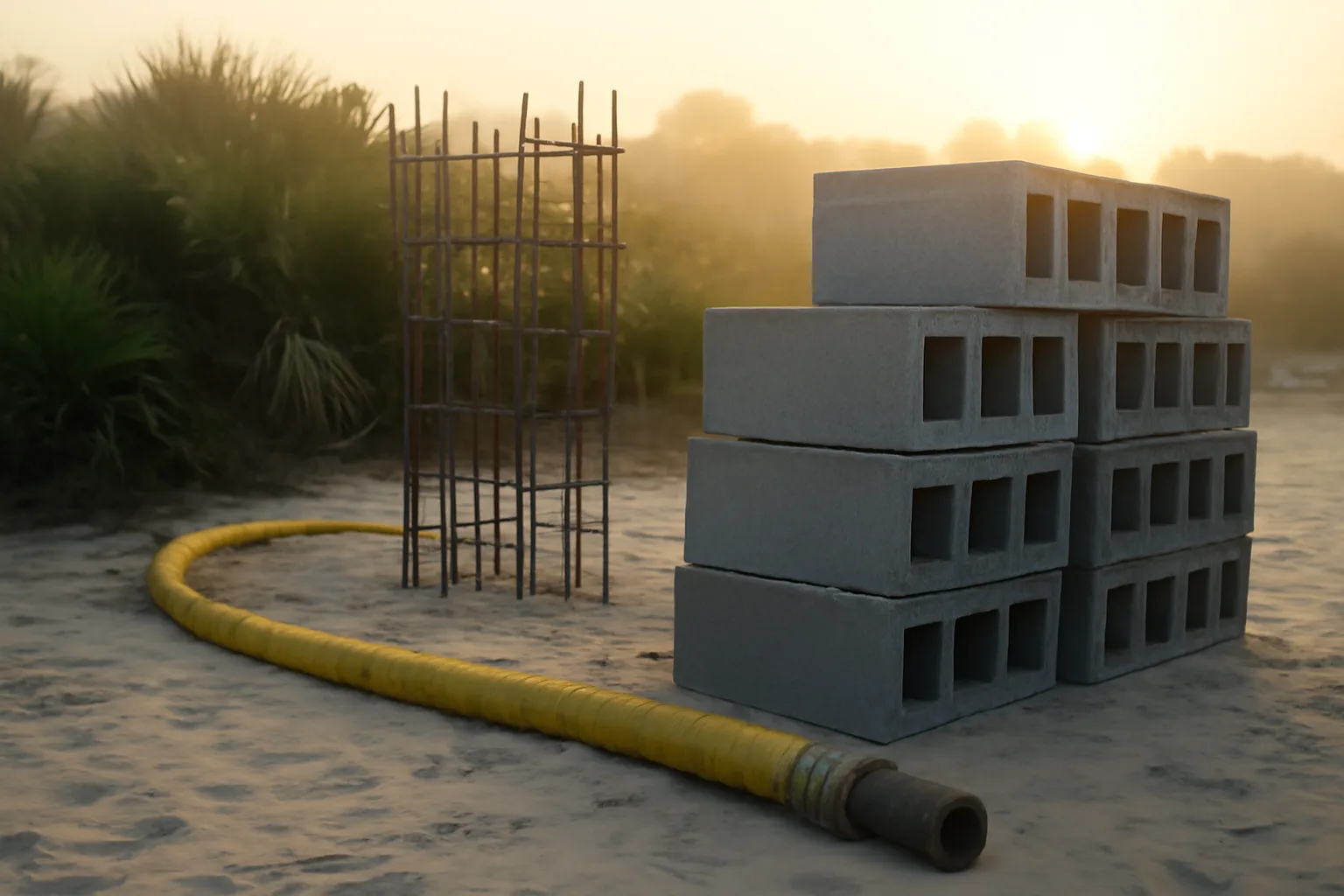 ICF blocks and rebar cage on a sandy Florida building lot