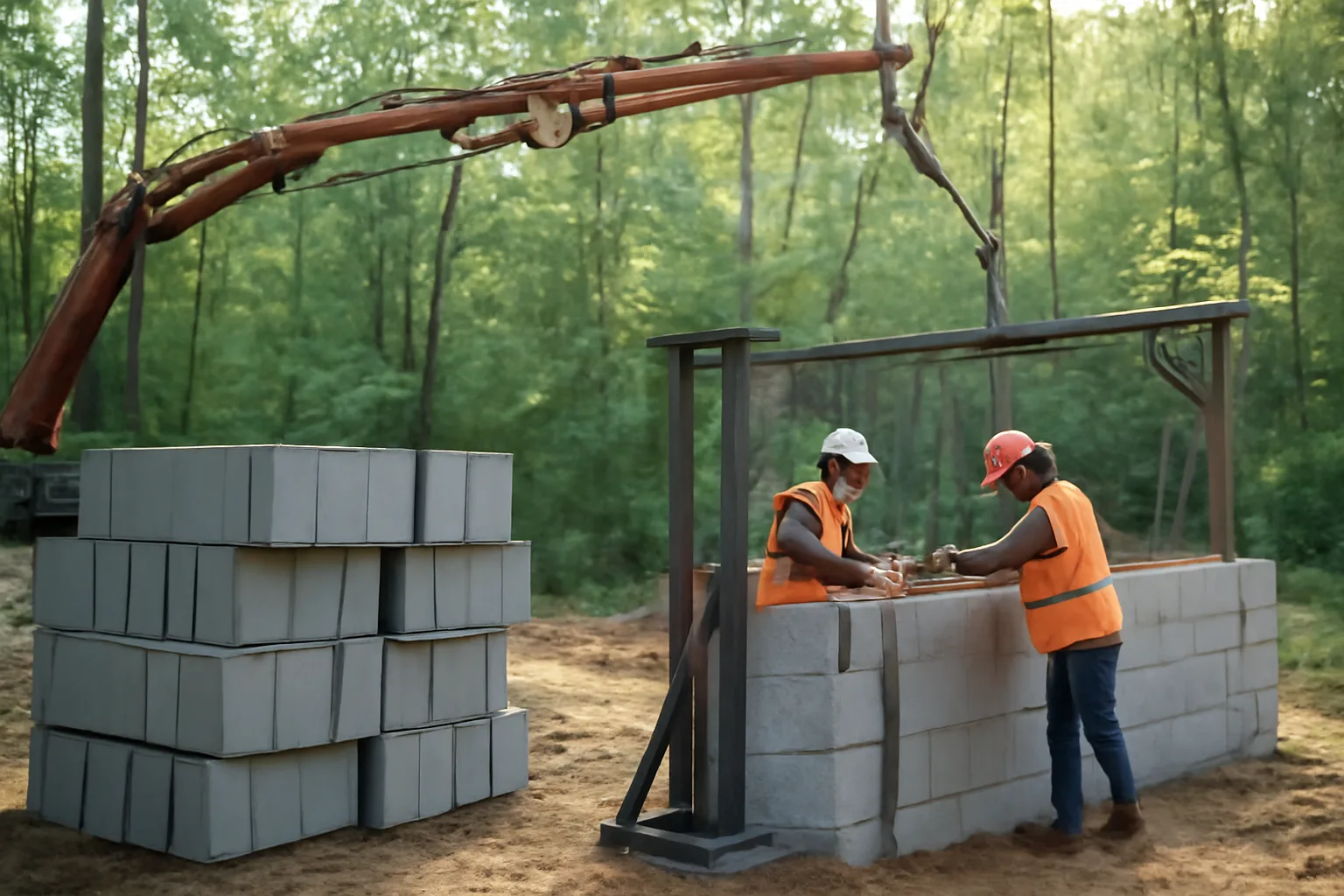 Crew setting ICF blocks on a wooded Georgia residential lot