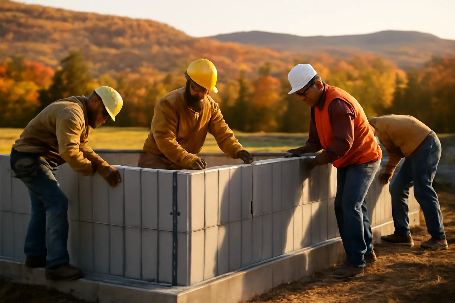 Workers stacking ICF forms on a footing at a Vermont residential construction site