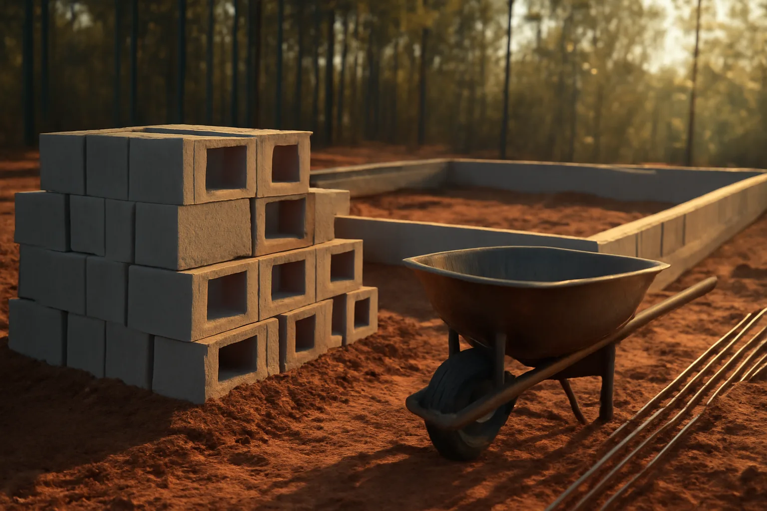 ICF blocks stacked by a house foundation in Alabama clay