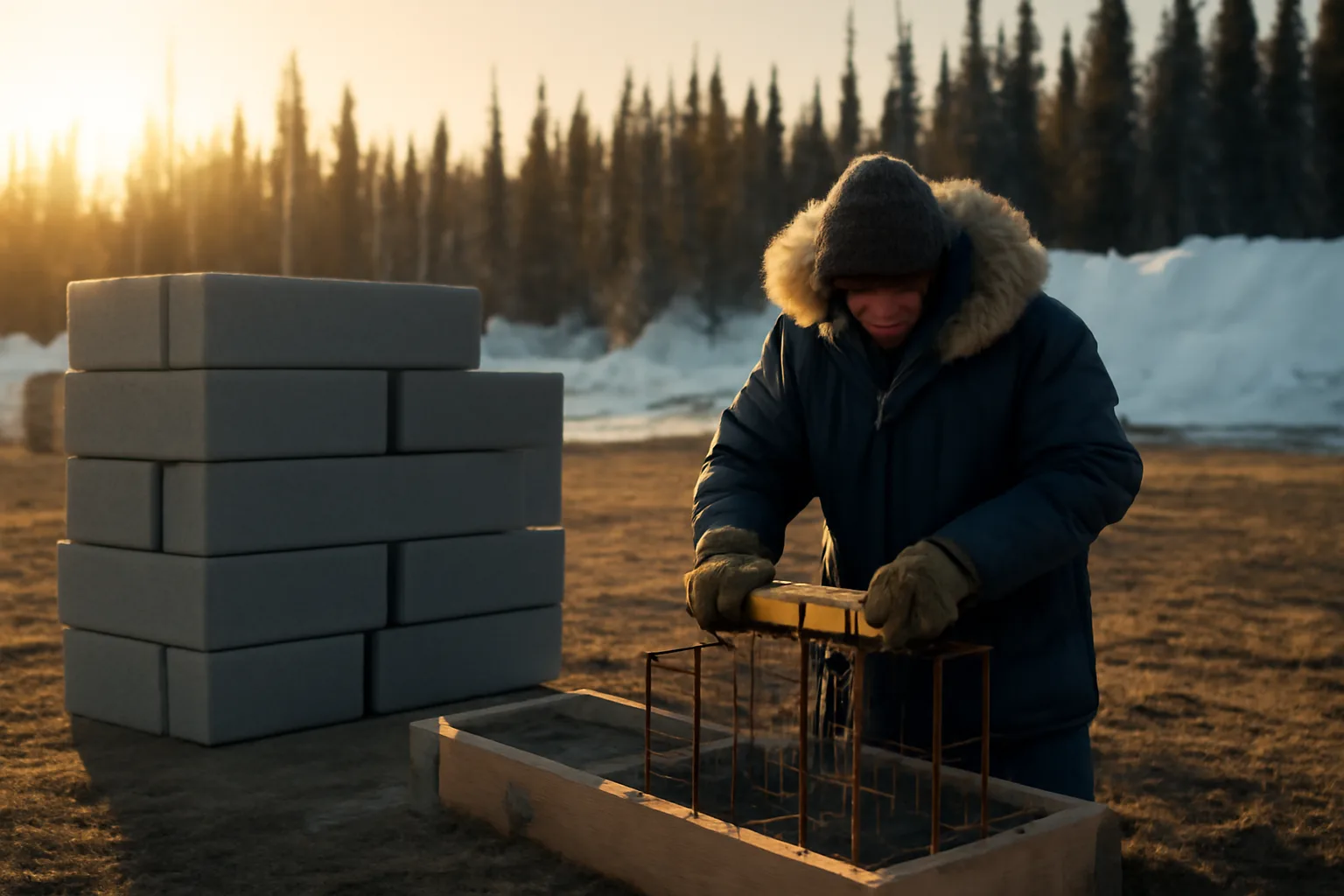 ICF form blocks on a winter jobsite near Palmer Alaska