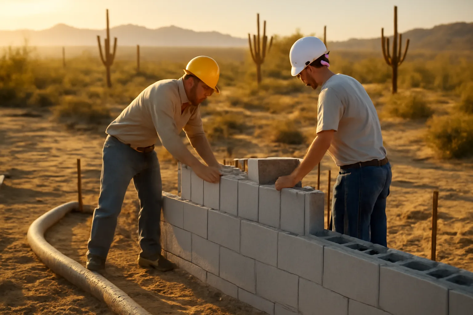 Workers stacking ICF blocks on an Arizona desert homesite