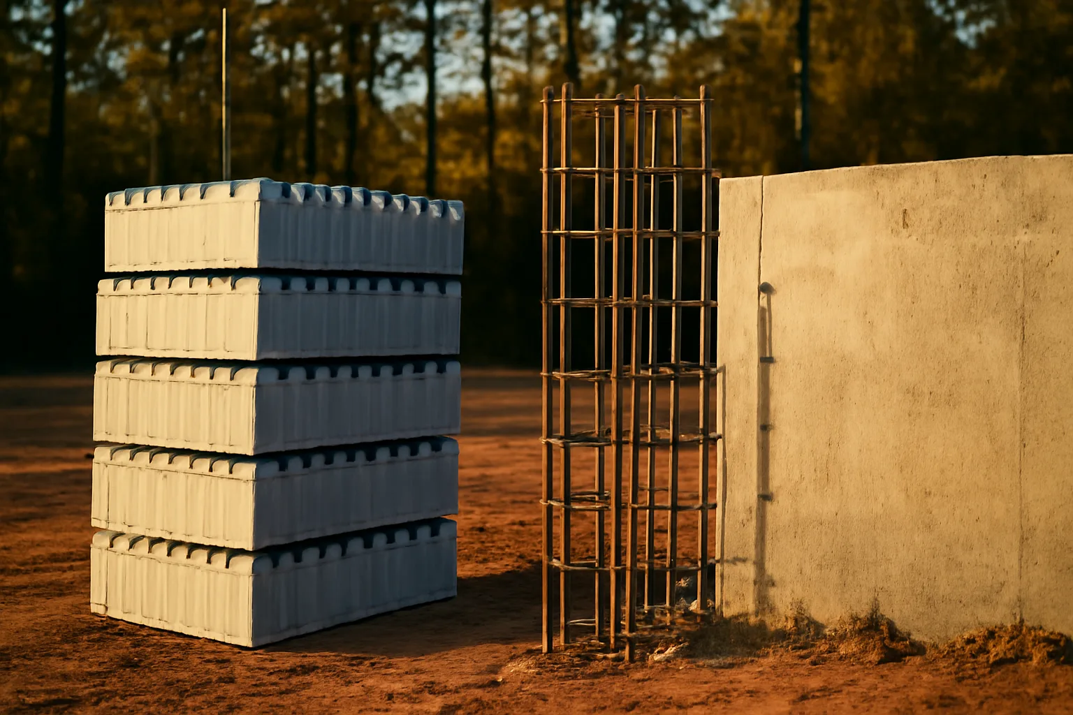 Stacked ICF blocks and rebar at an Arkansas contractor jobsite