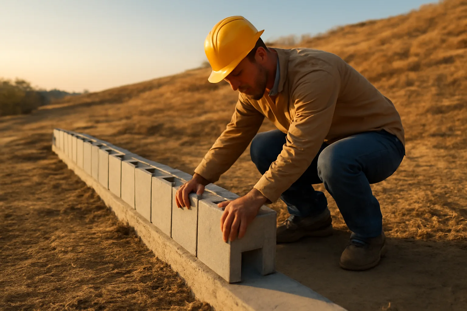 Worker stacking ICF forms on a California house foundation at sunset