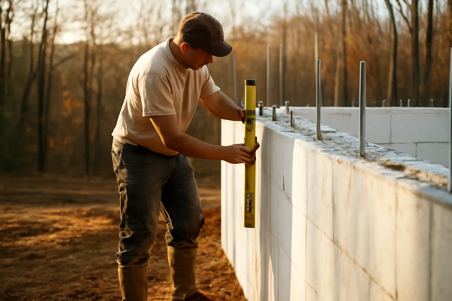 Worker checks an ICF wall on a wooded Connecticut house site
