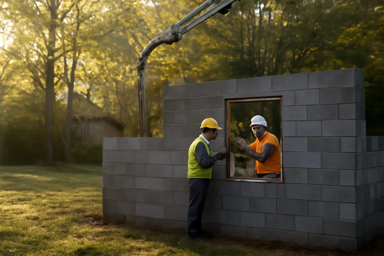 Workers align ICF foam walls on a wooded Delaware house lot