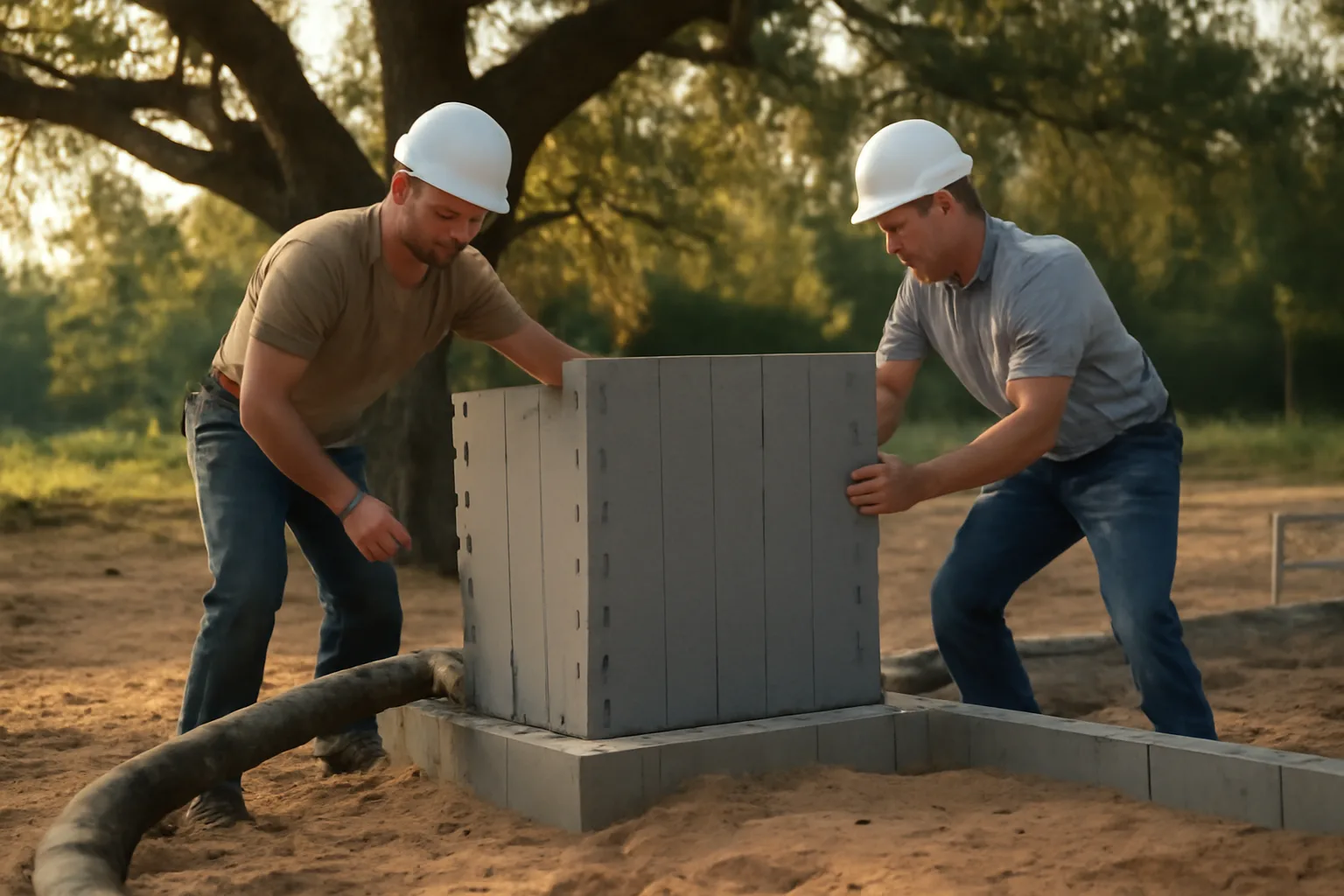 Workers setting insulated concrete forms on a Florida house footing