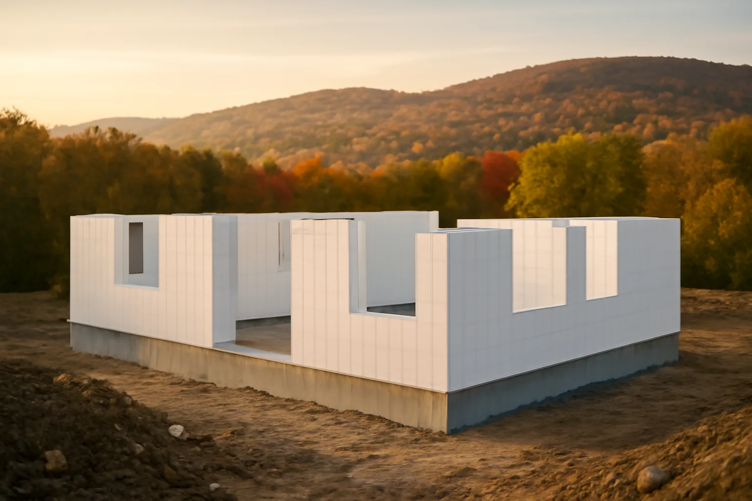 ICF block walls under construction on a Vermont building site with forested hills behind