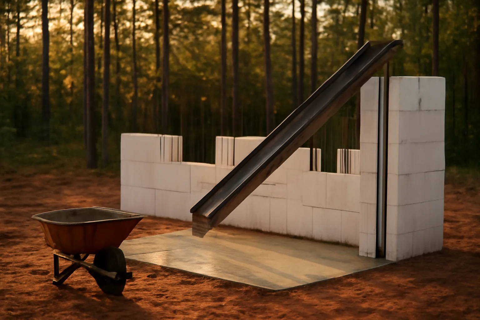 Stacked ICF blocks and rebar on a wooded Alabama job site