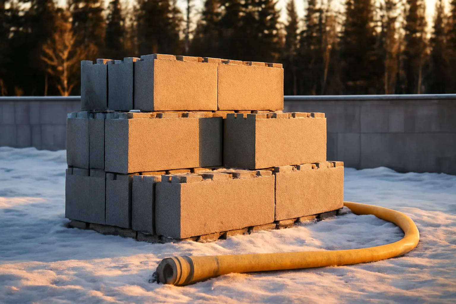 ICF blocks and a partial wall on a snowy Alaska residential site