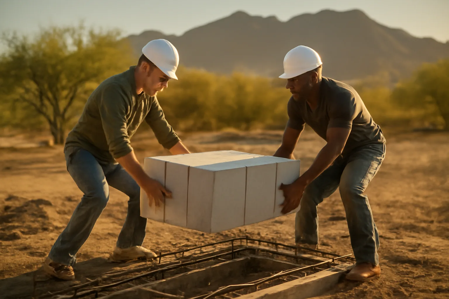 Workers stacking ICF blocks on an Arizona desert building slab