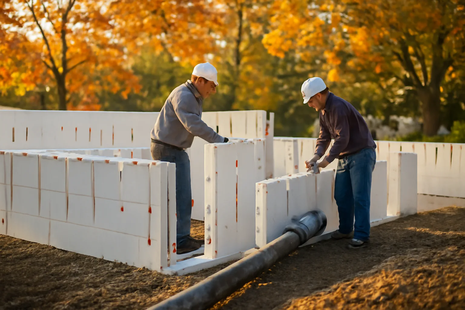 Workers setting insulated concrete forms on a Delaware house wall