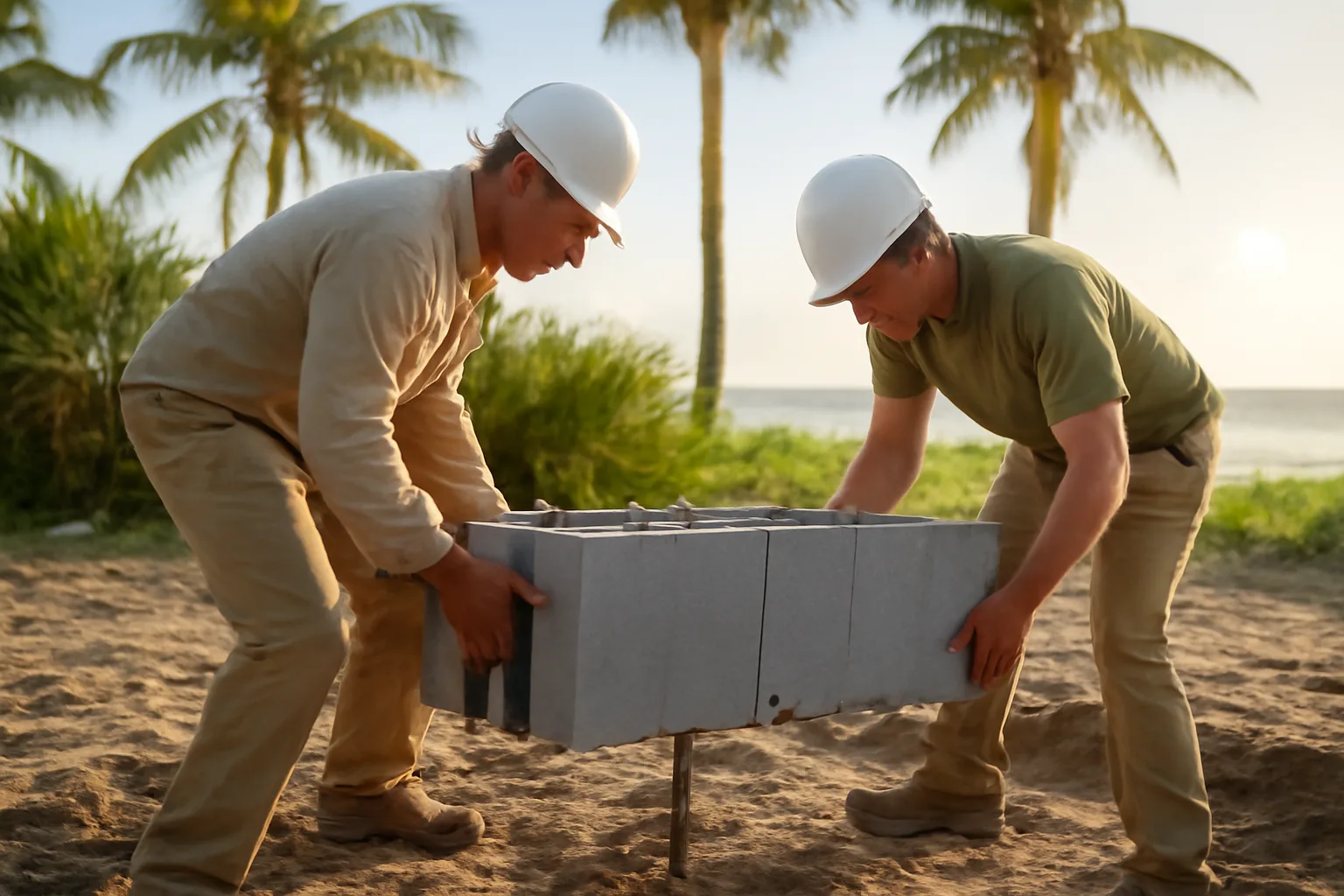 Workers lifting ICF blocks onto a Florida footing at morning