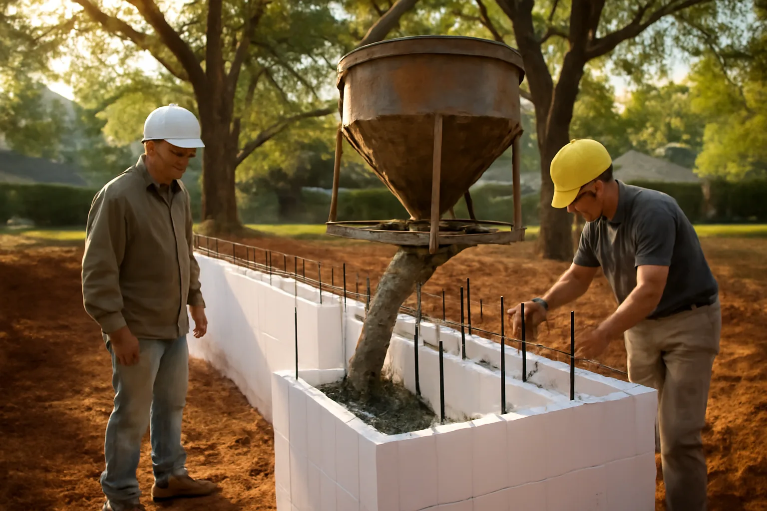 Workers placing concrete in ICF wall forms on an Alabama lot
