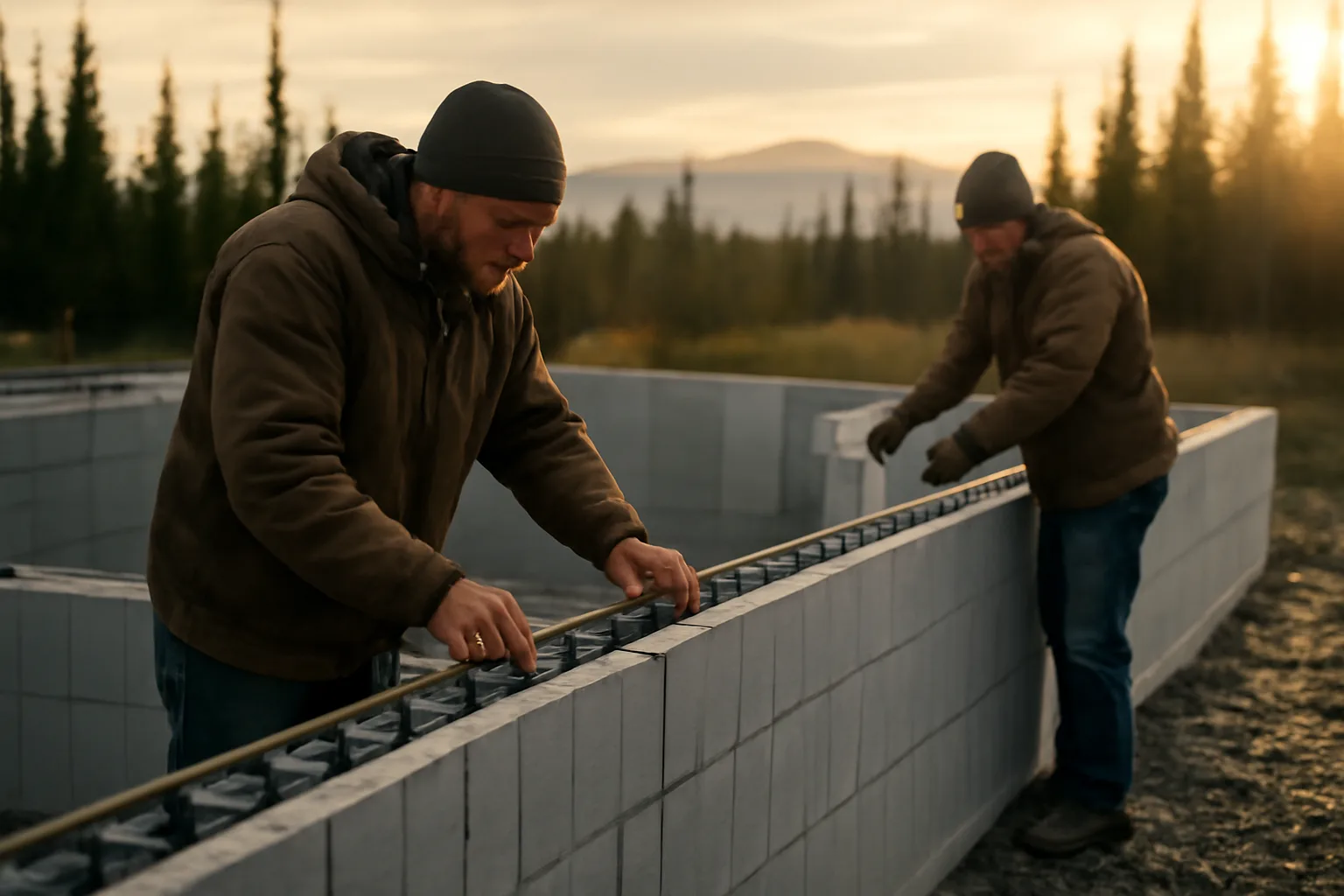 Builders setting rebar in ICF walls near Palmer, Alaska