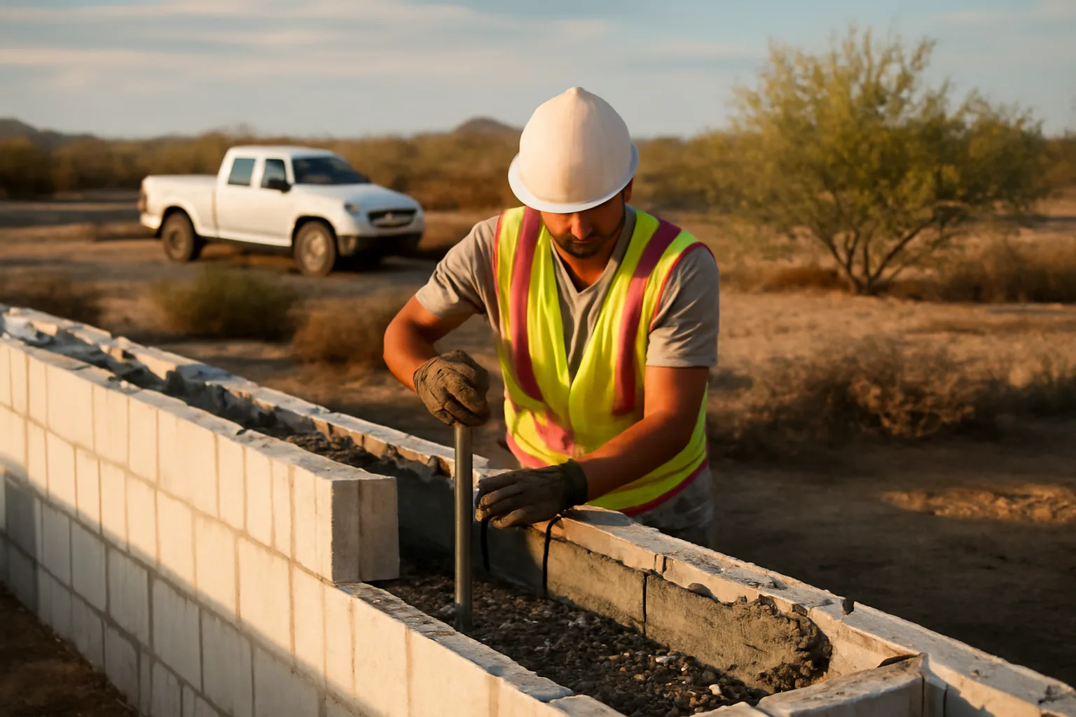 ICF contractor crew pouring foam walls on an Arizona desert lot