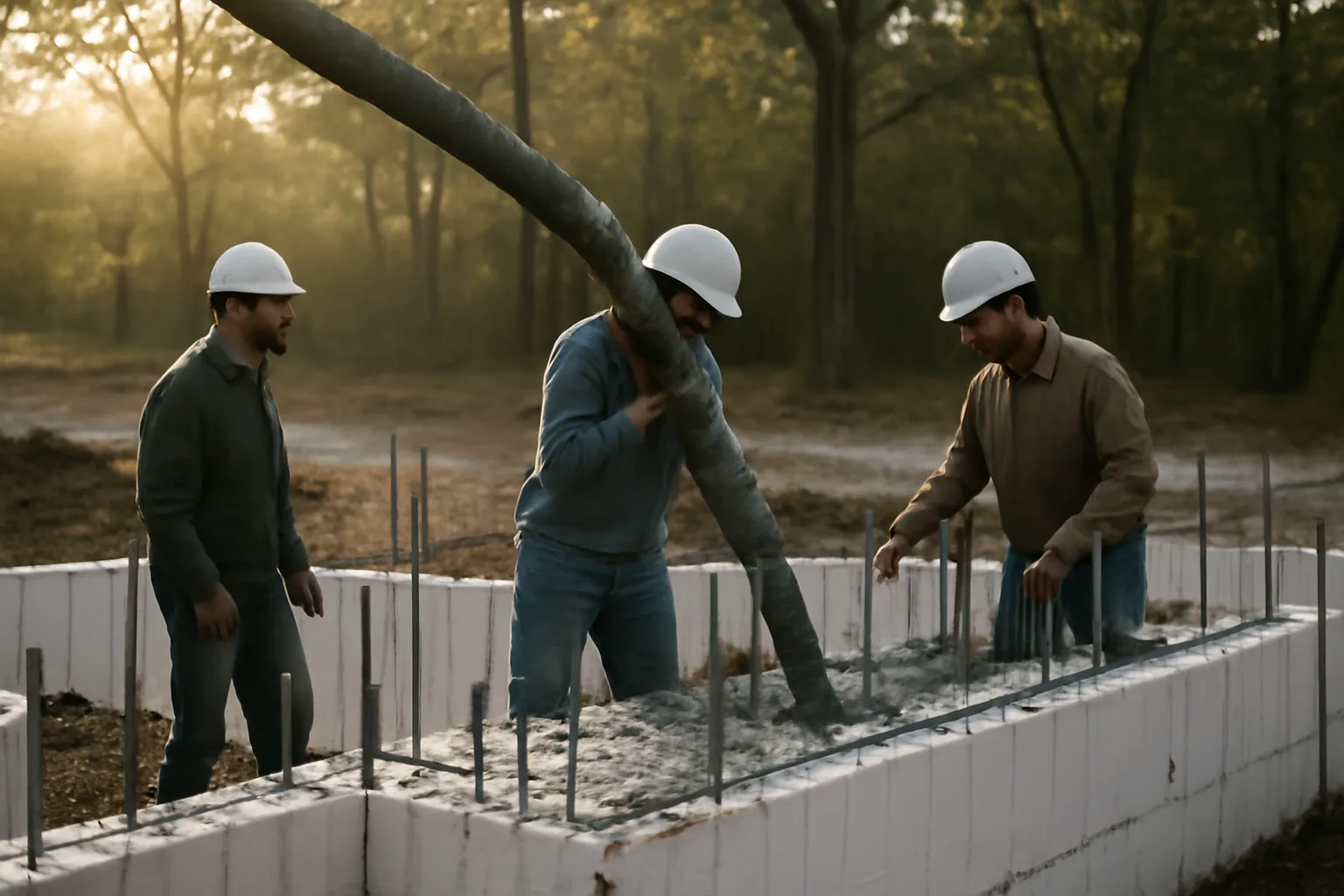 ICF wall pour on a wooded Arkansas residential building site