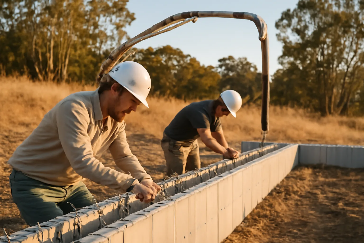 Workers tying steel inside ICF foam forms on a California lot