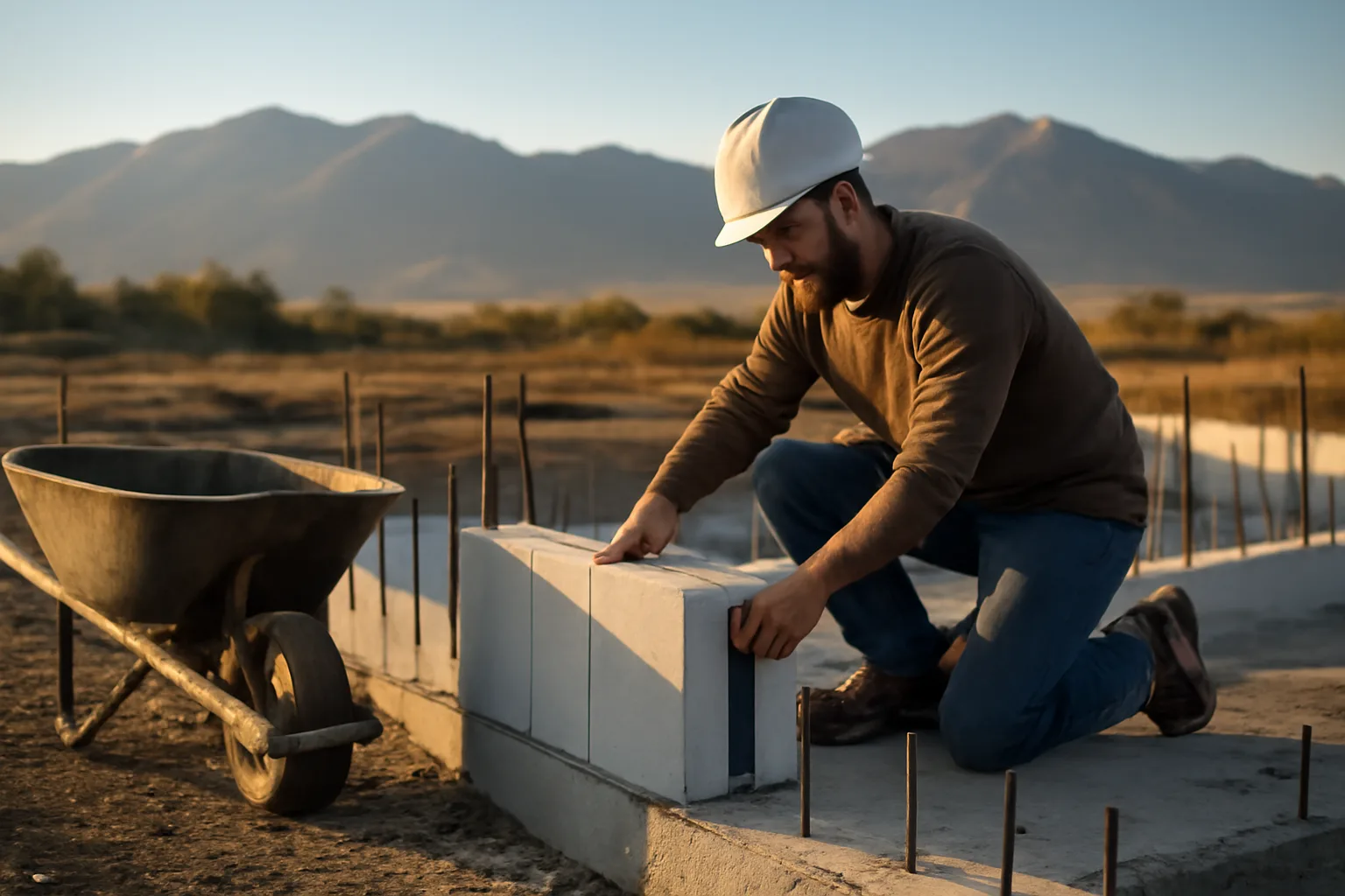 Worker setting ICF blocks on a Colorado Front Range foundation