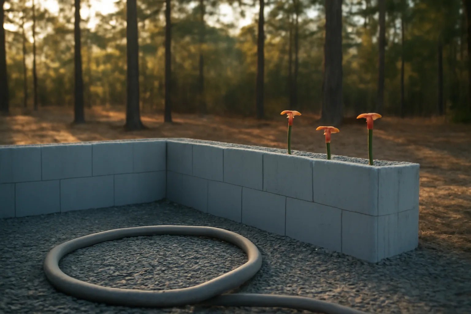 Stacked ICF wall forms on a Delaware jobsite in afternoon light