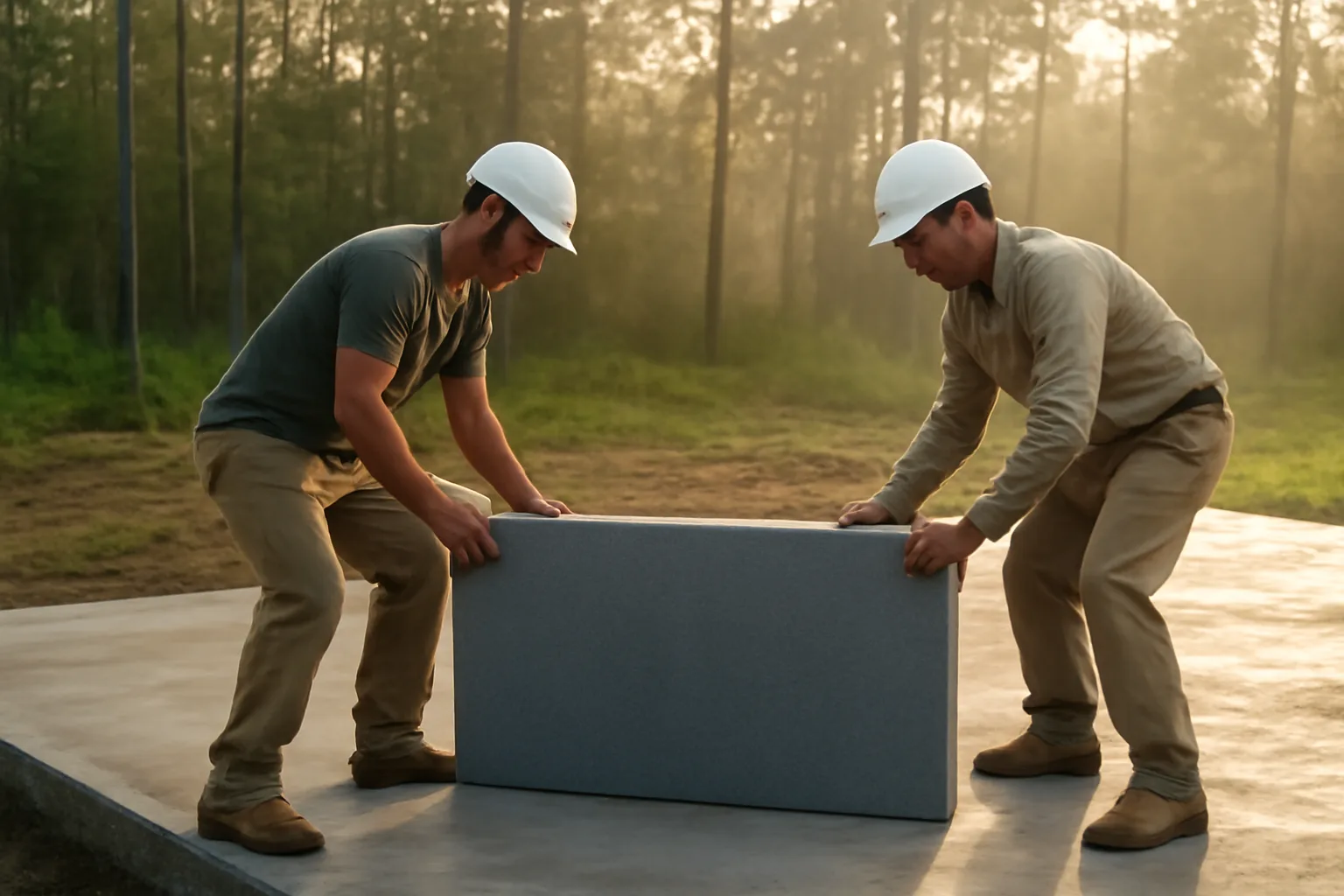 Carpenters setting ICF wall forms on a Florida house slab