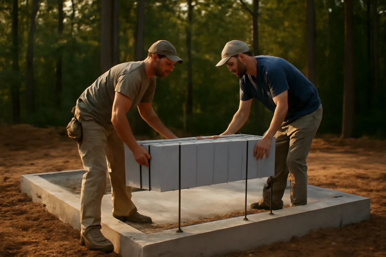 Workers setting ICF blocks on a Georgia house footing