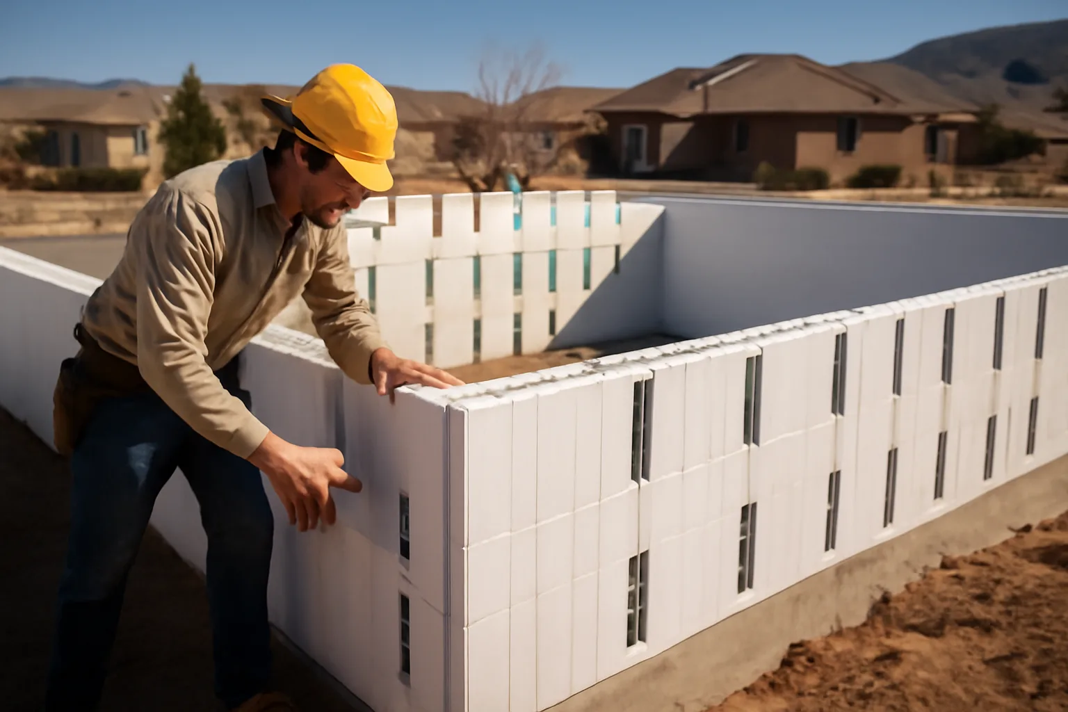 ICF contractor stacking foam form panels on a Utah residential foundation wall