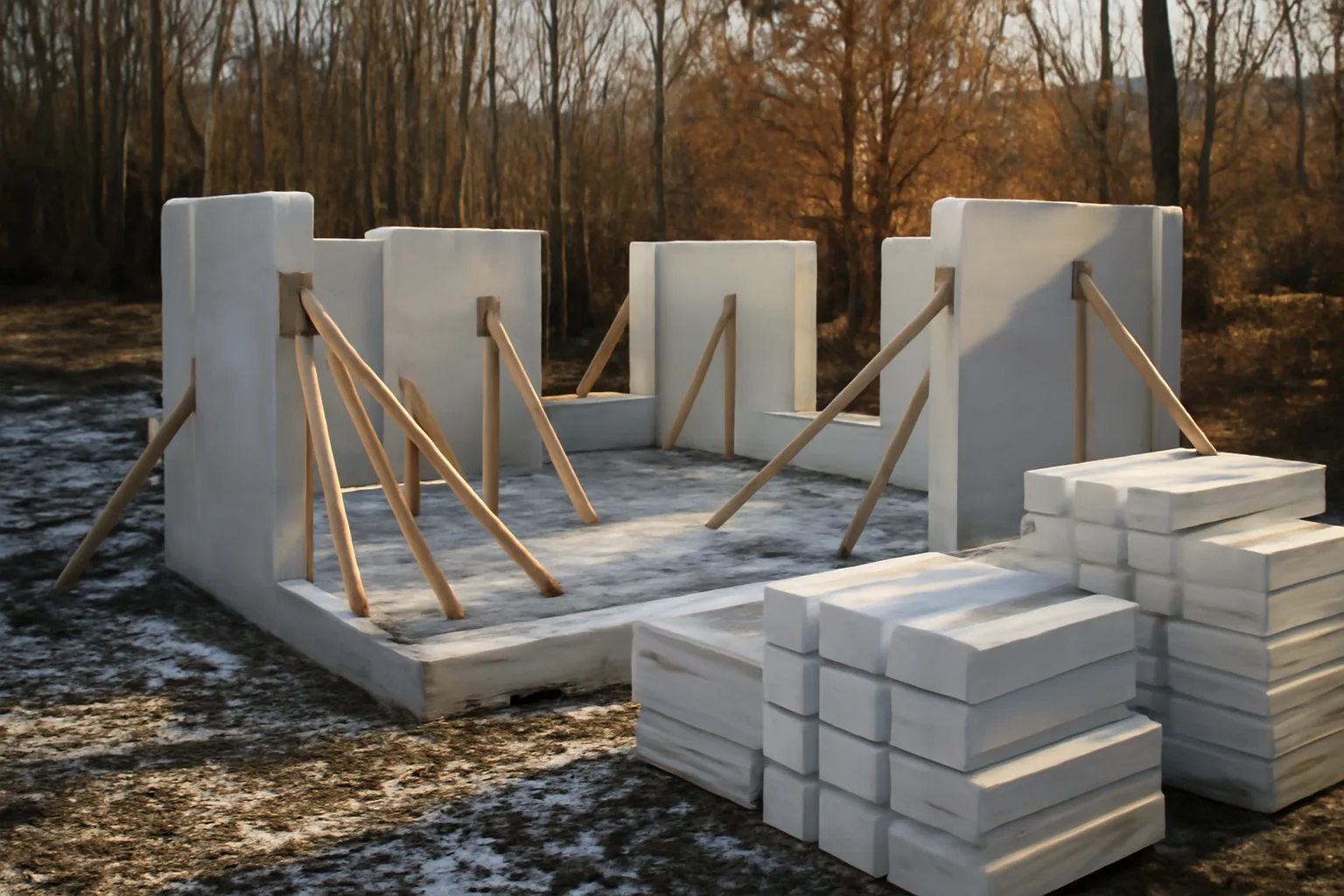 ICF wall forms rising from a snowy Vermont construction site in autumn