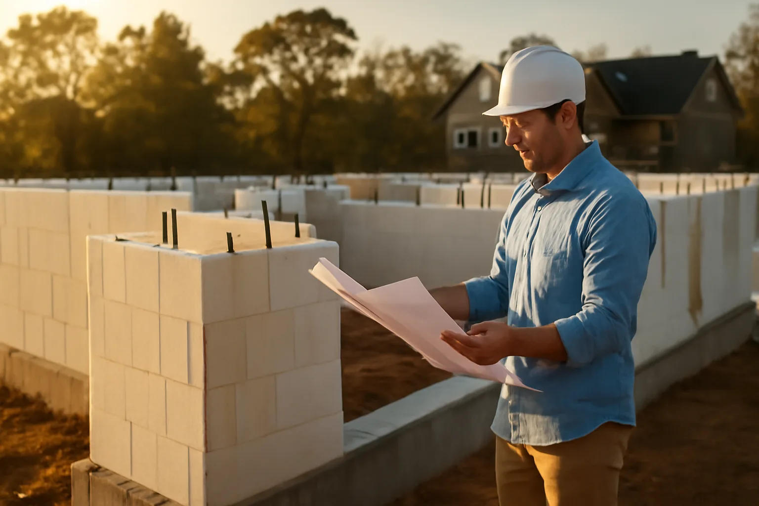 ICF contractor reviewing plans at a Virginia residential foundation site