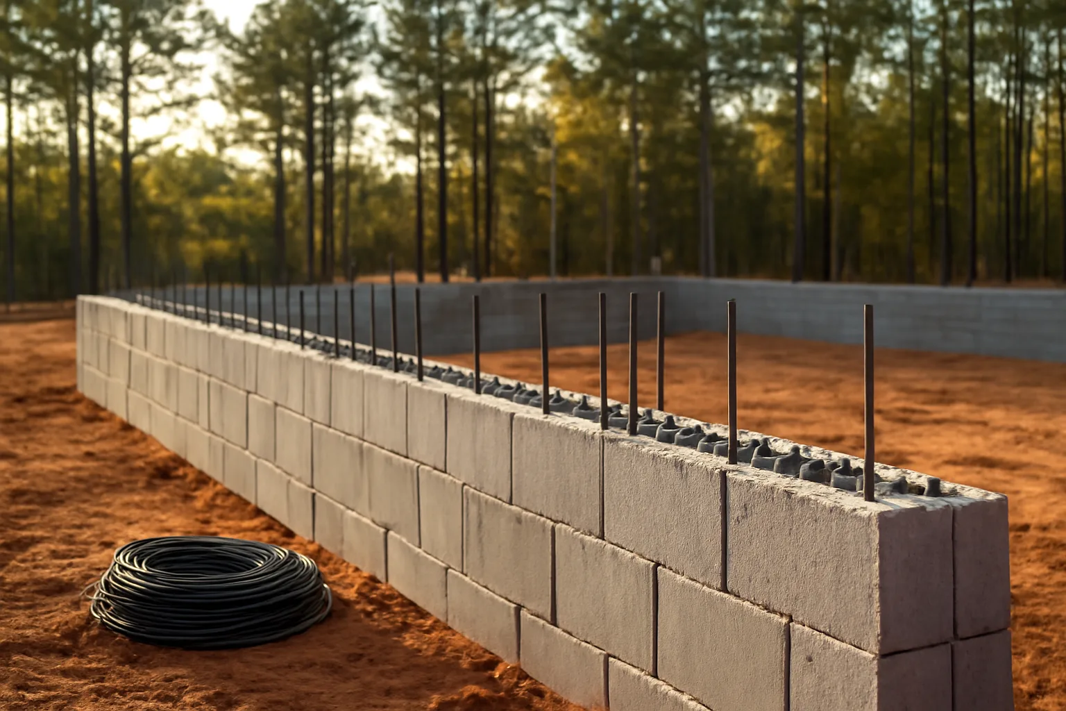ICF foam wall forms and rebar on a cleared Alabama house lot