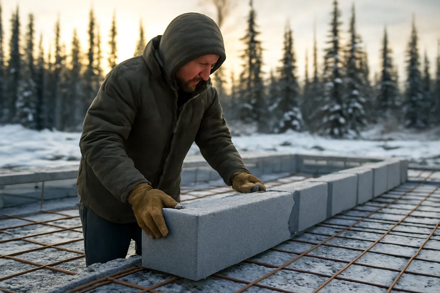 Workers stacking ICF forms on a snowy Alaska residential foundation