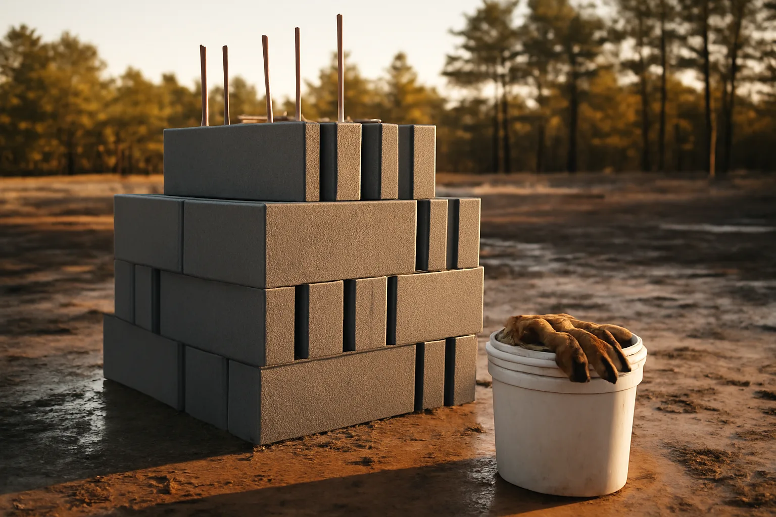 ICF wall forms standing on a rural Arkansas building site