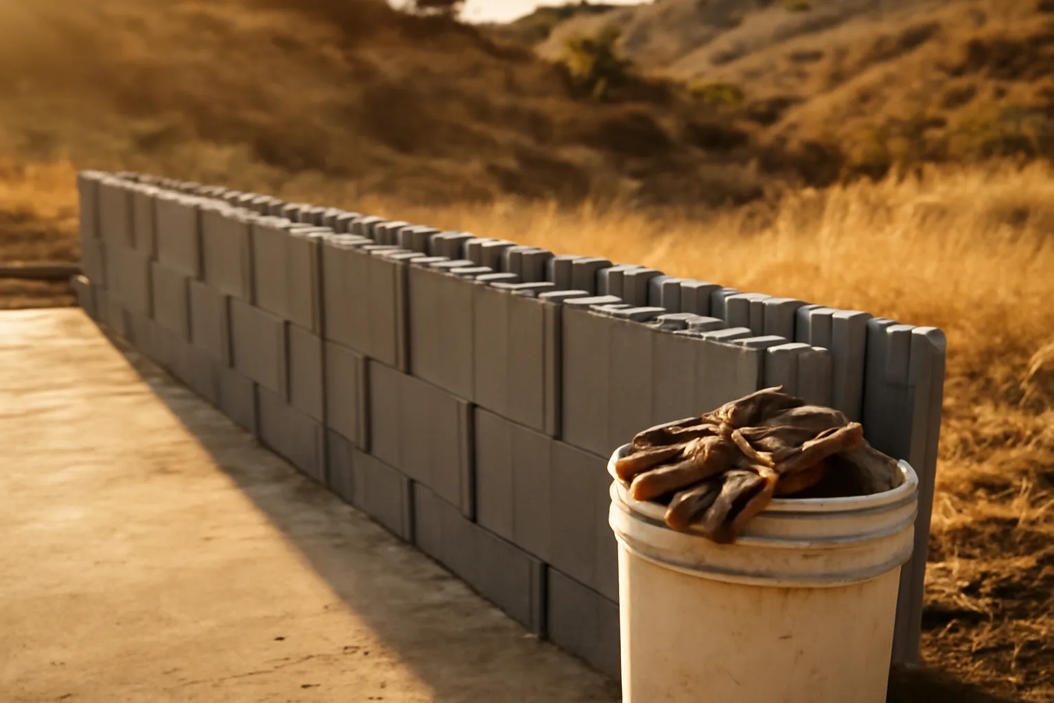Gray ICF blocks stacked on a California hillside slab