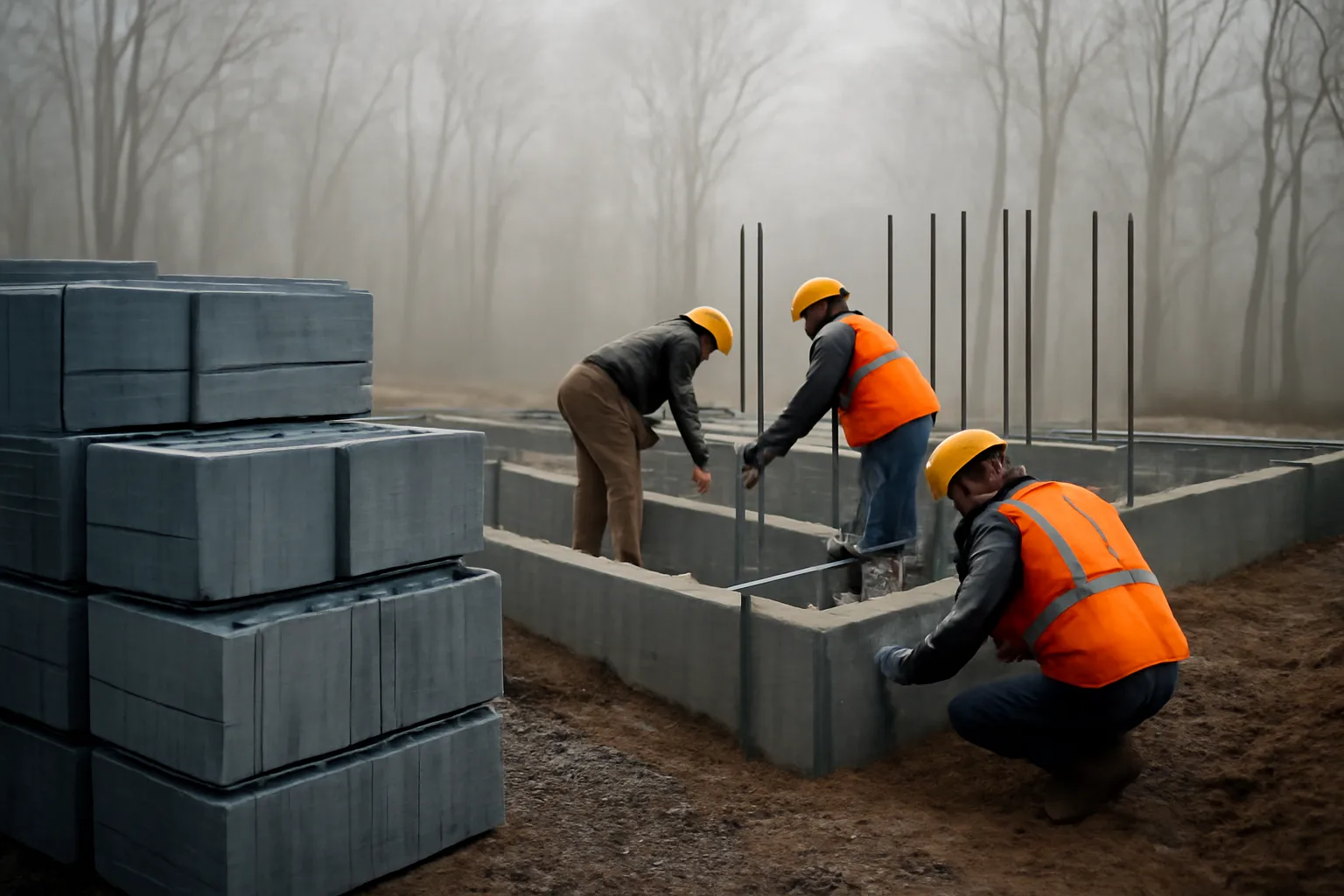 Crew setting rebar in ICF wall forms on a Connecticut house lot