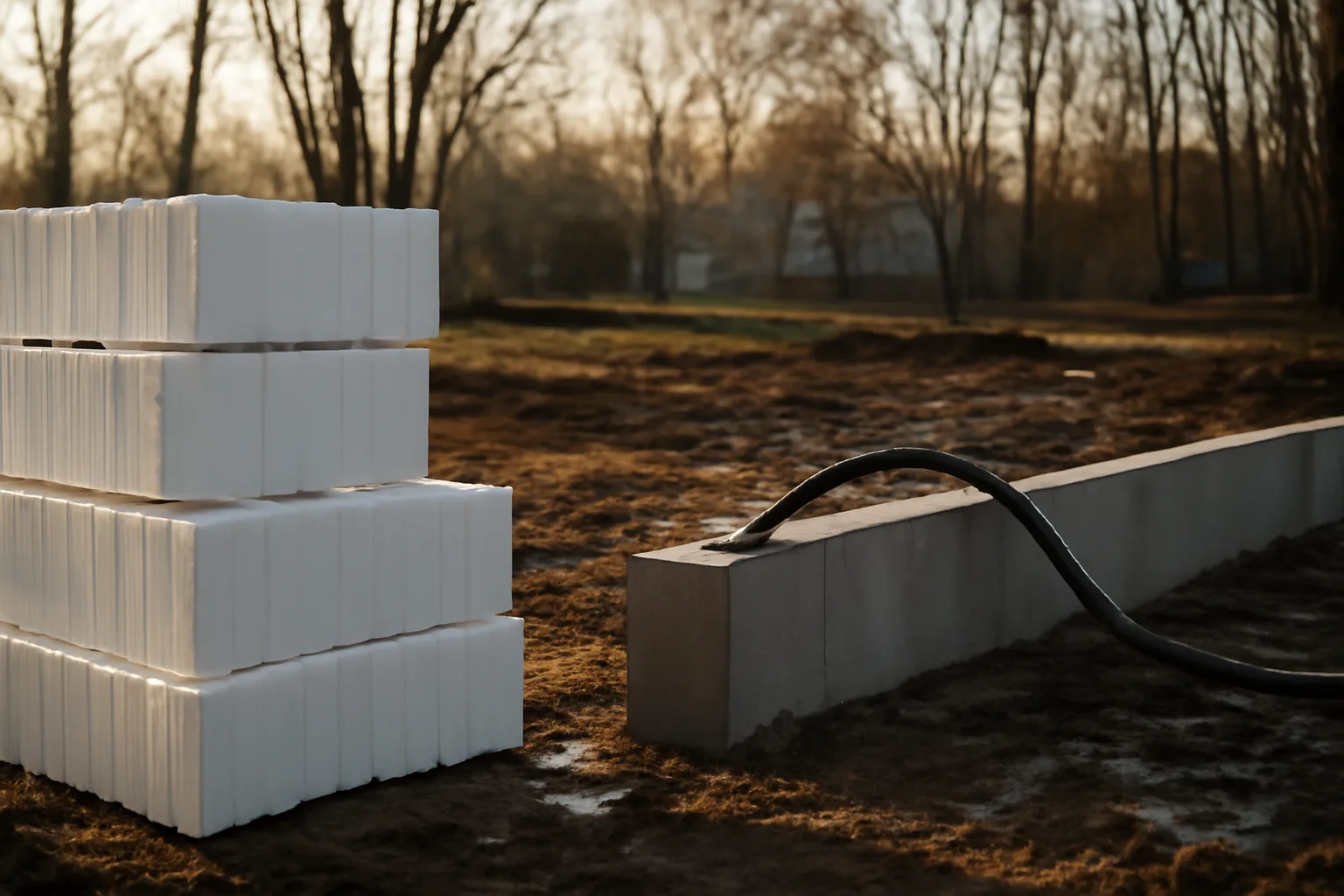 Stacked ICF forms at a Delaware contractor job in winter