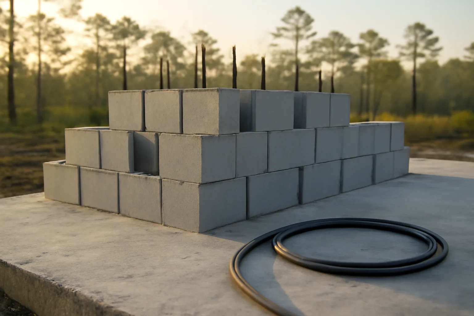 ICF wall forms standing on a Florida slab in morning light