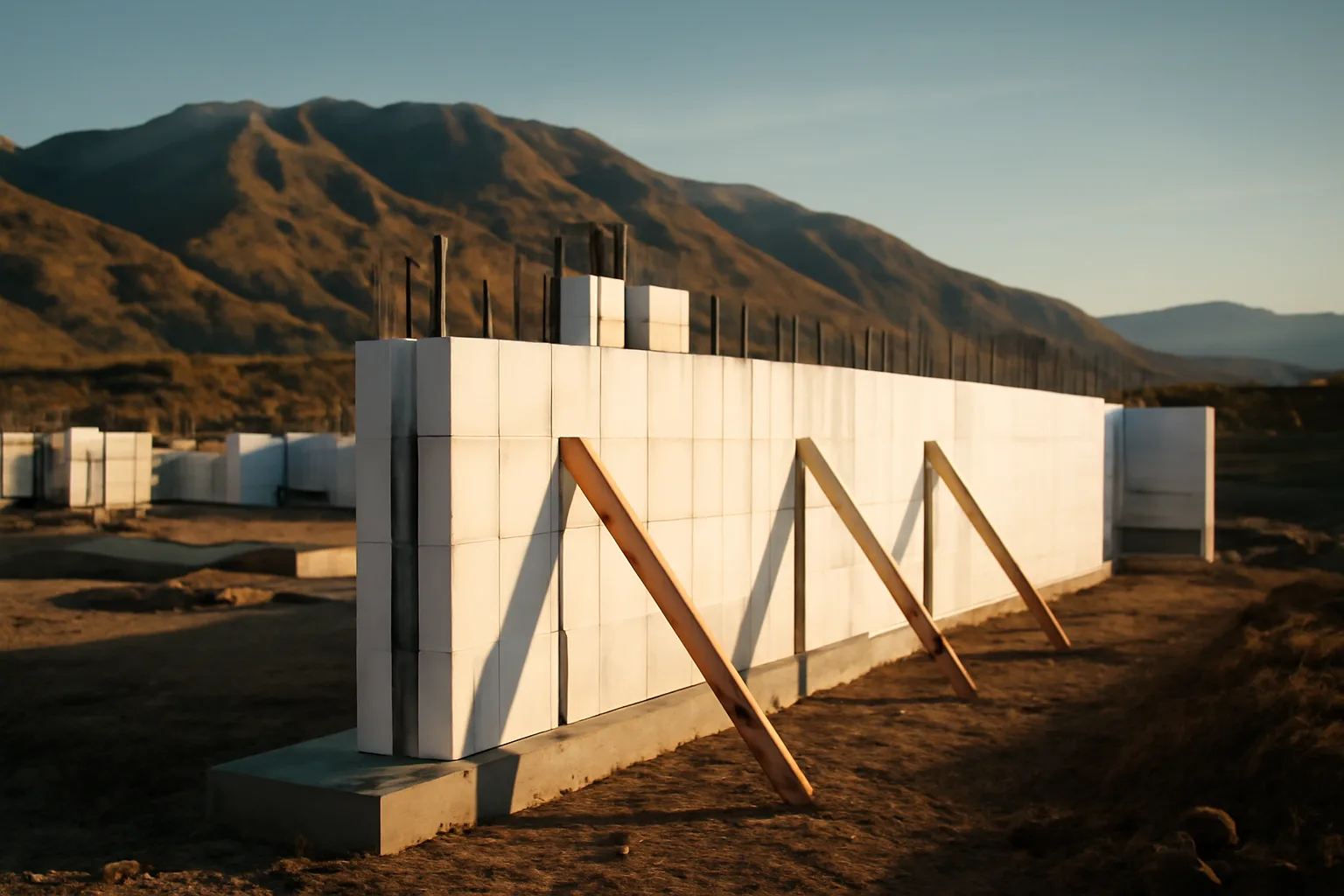 ICF wall forms on a Utah residential construction site at late afternoon